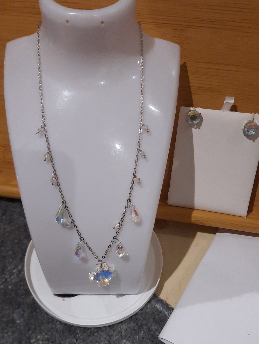 Large Chunky Crystal CROSS & Teardrop Pendant Necklace Solid Sterling Silver 16"